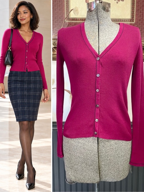 Uniqlo Sweaters - Ines de la Fressange x Uniqlo Cotton Ribbed V-Neck Magenta Cardigan Sz S🧡🎀